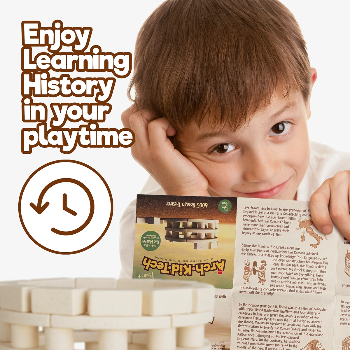 Child learning ancient architecture and history through Arch-Kid-Tech® Roman Theater building toy
